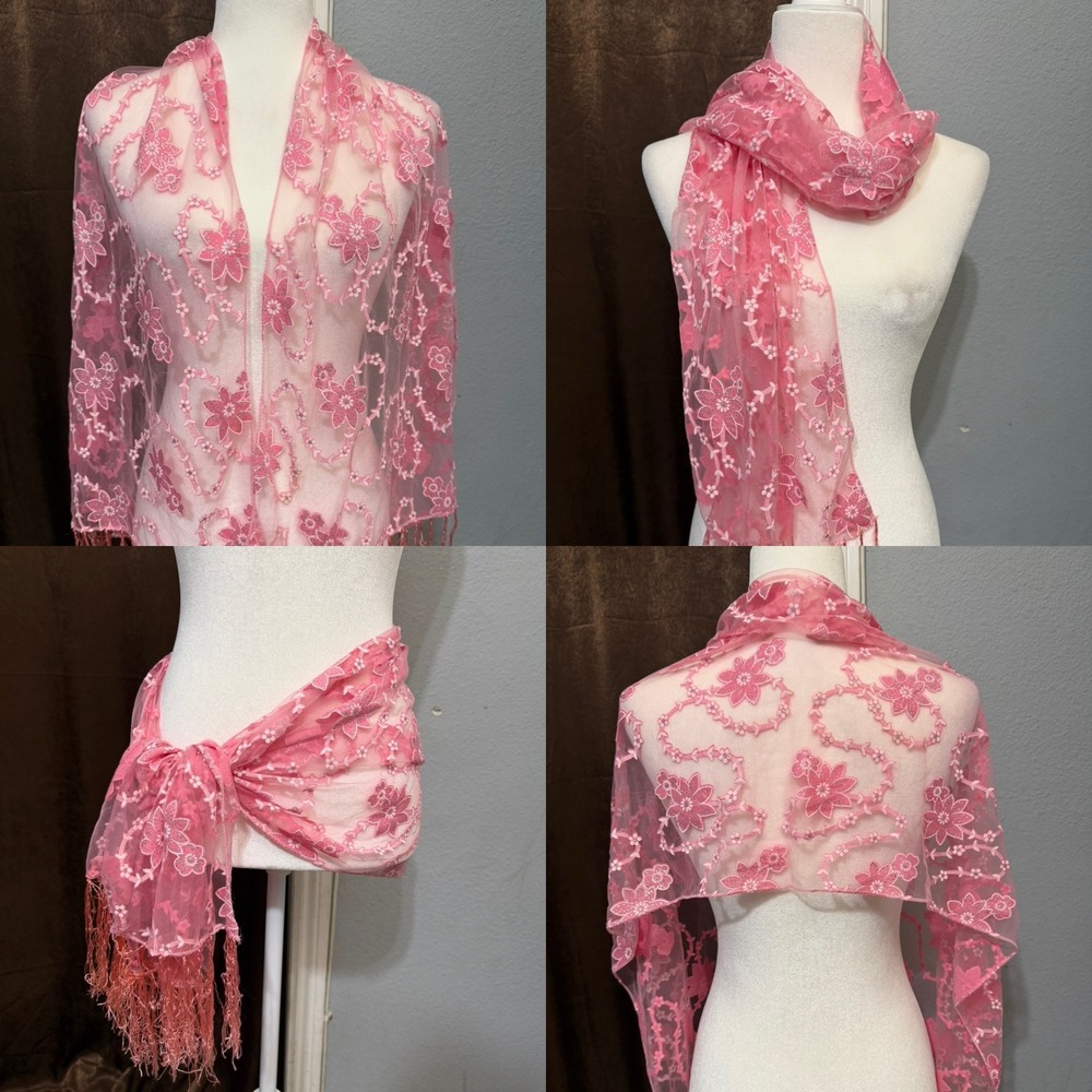 Pink Floral Embroidered Sheer Mesh Shawl Scarf with Glitter and Fringe Trim Y2K